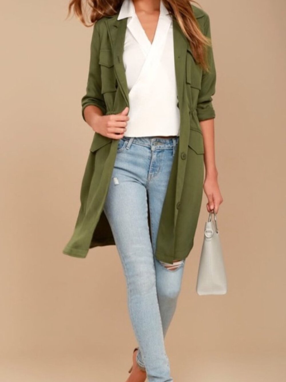 NWT BB Dakota Averie Olive Green Anorak Long Utility Duster Lightweight Jacket M - Picture 4 of 9